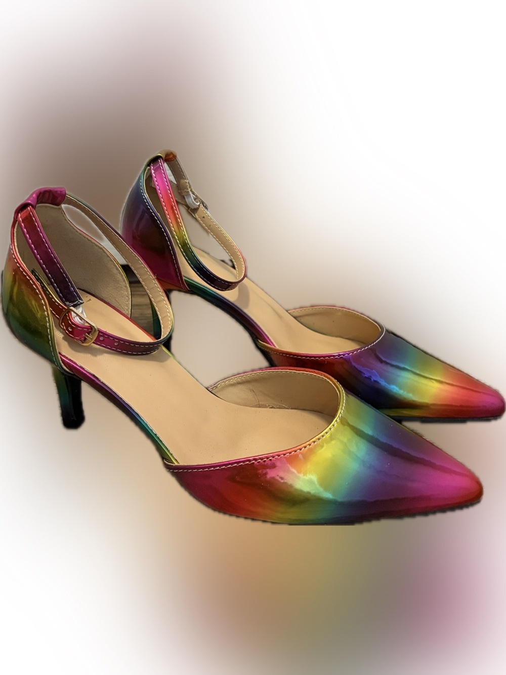 Rainbow Patent Ankle-Strap Pointed-Toe Heels